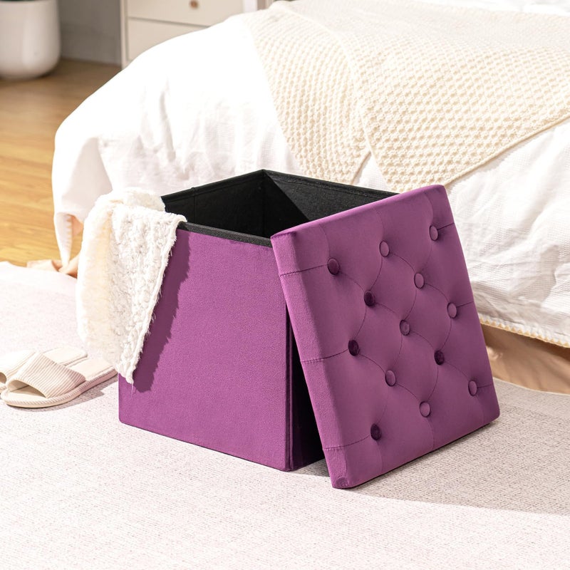 B FSOBEIIALEO Storage Ottoman Cube Velvet Tufted Folding Ottomans with Lid, Footstool Rest Padded Seat for Bedroom (Purple, Medium) - Image 2
